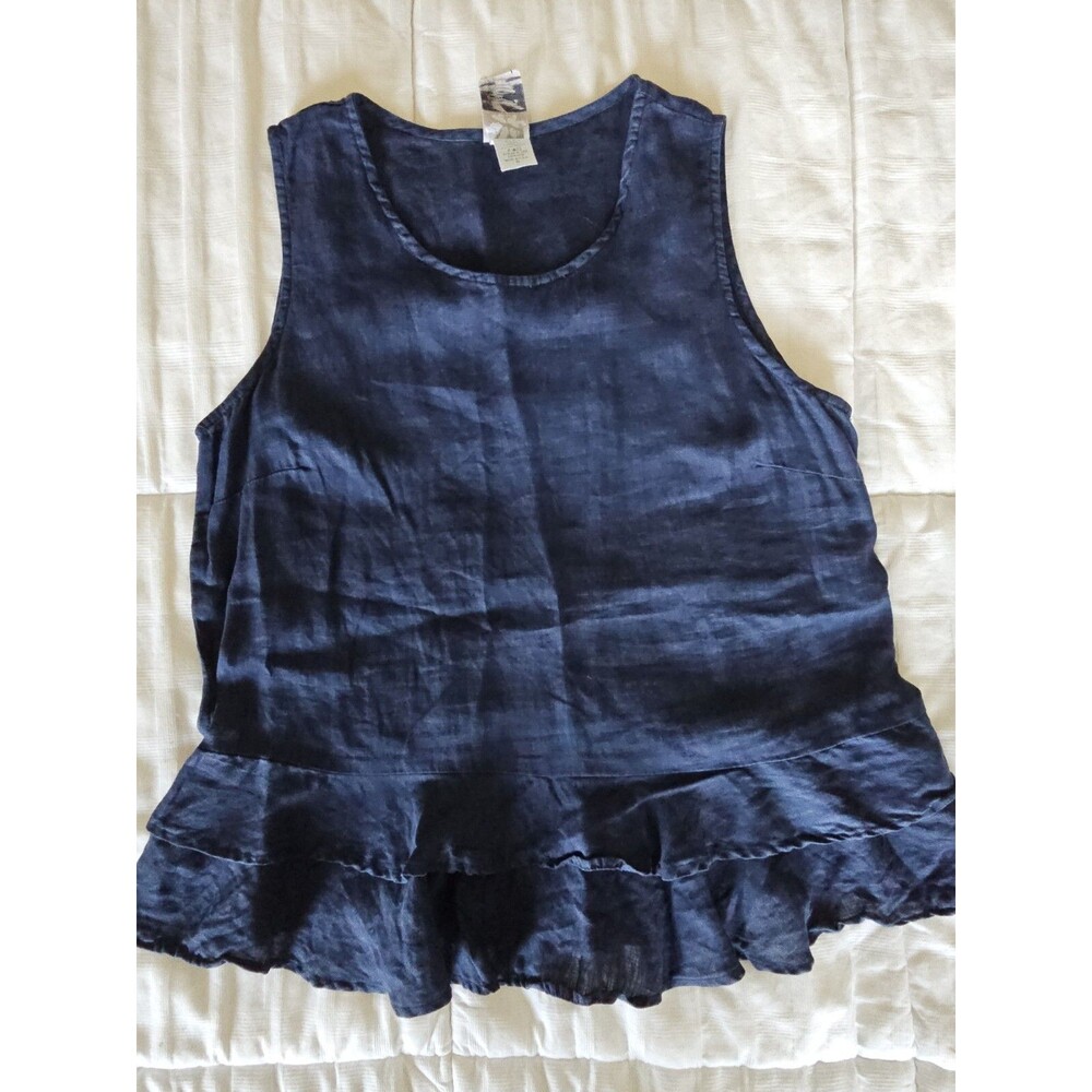 Match Point Linen Shirt Tank Medium Round Neck Linen Navy Blue Ruffle Bottom